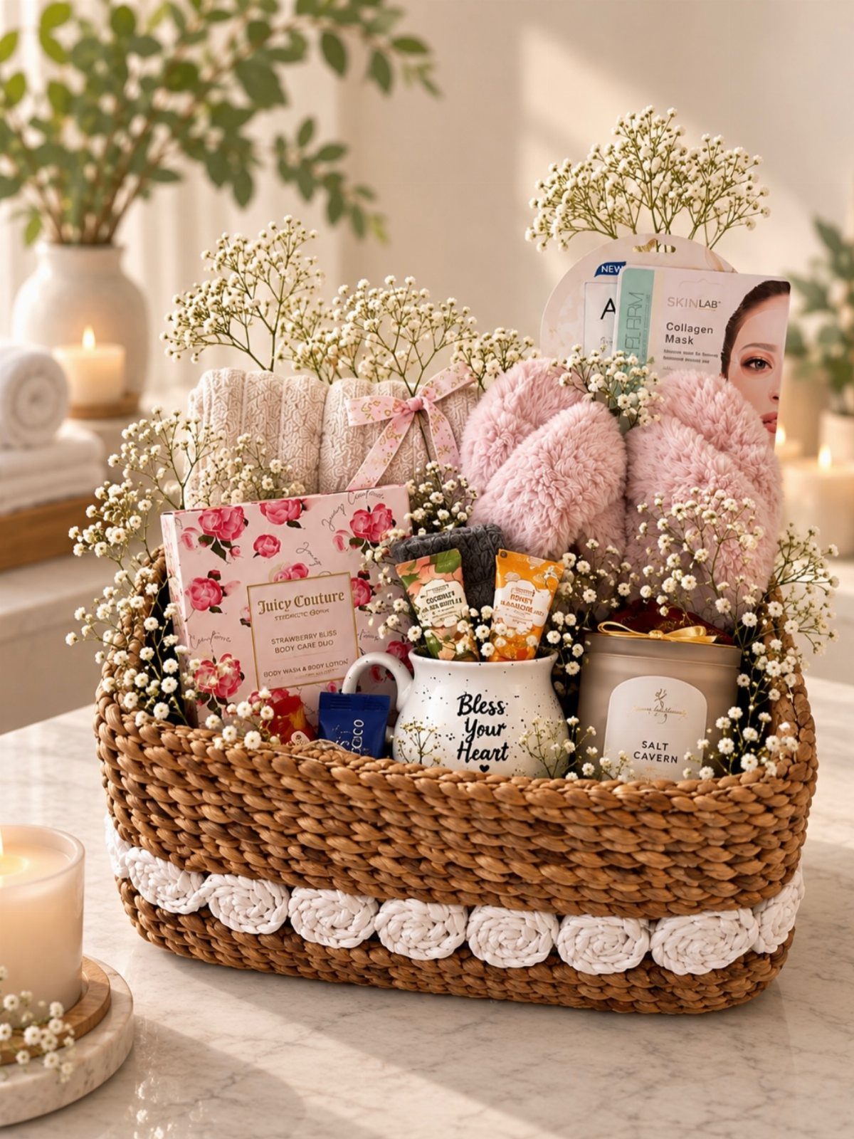 Woven gift basket containing pink bunny slippers, skincare, candles, and white baby's breath flowers.