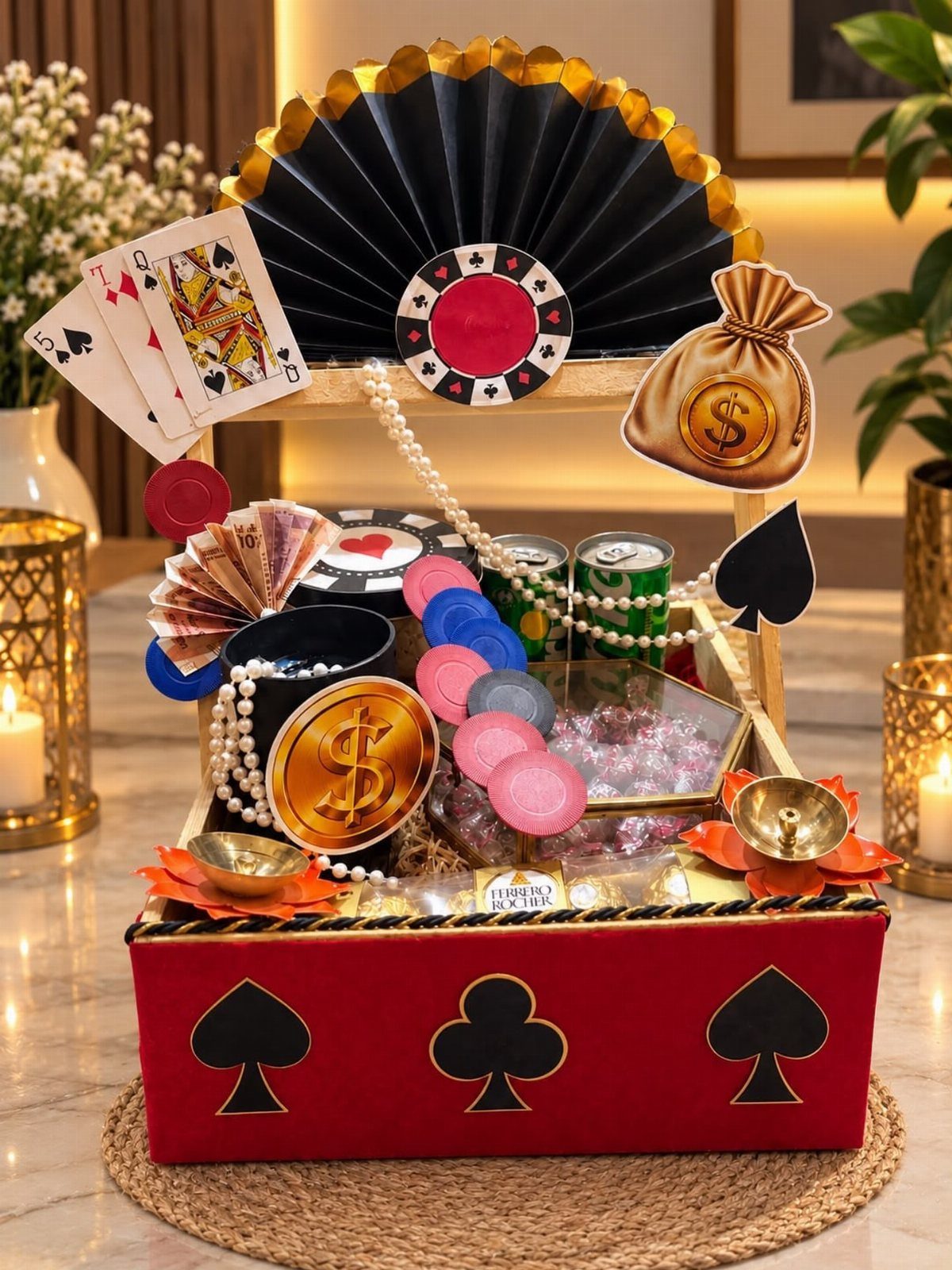Poker themed gift basket with red base, playing cards, chips, and gold coins.