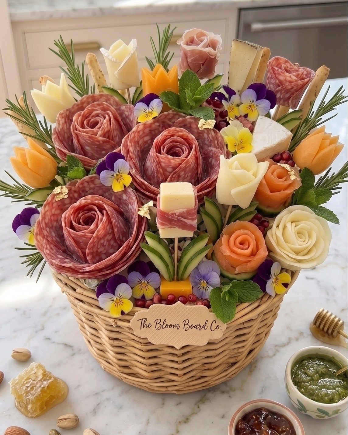 Gourmet food basket with salami and cheese roses, crackers, and edible flowers.