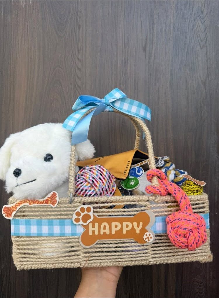 Woven gift basket filled with a plush dog and colorful pet rope toys.