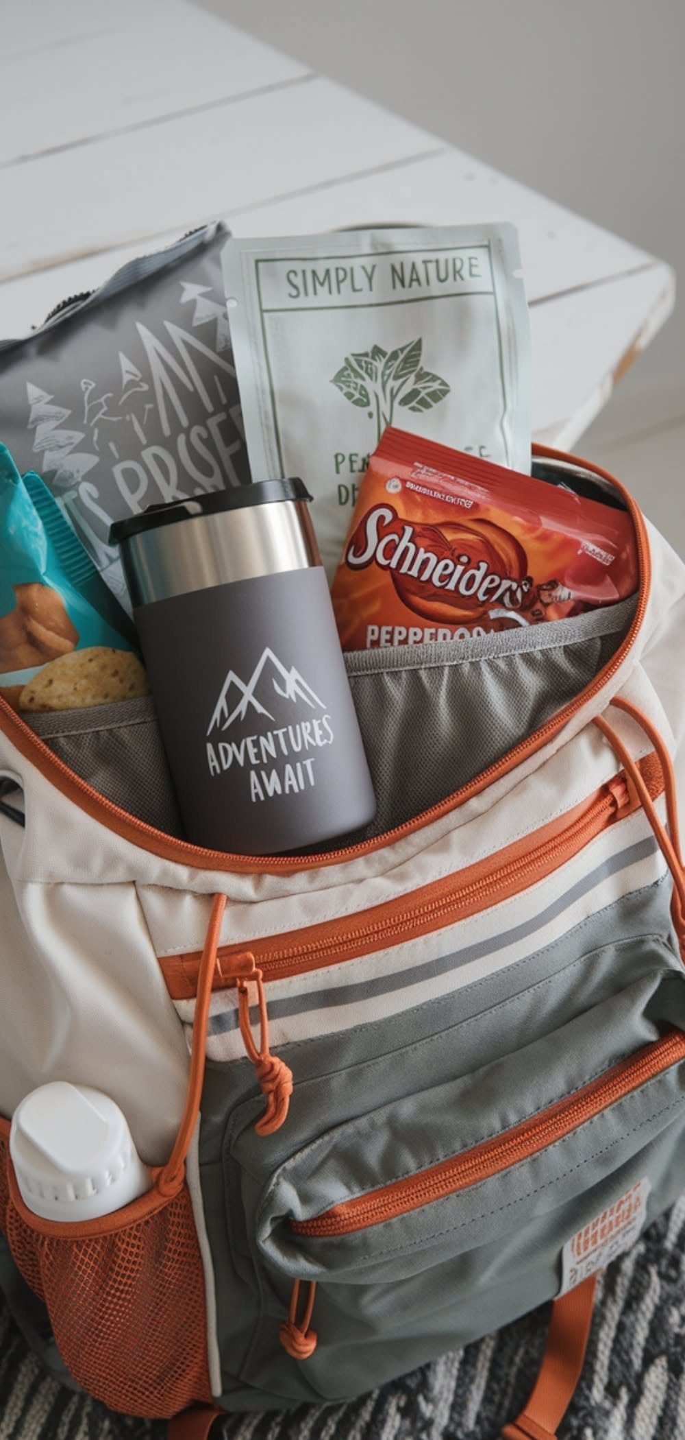 Grey and white backpack filled with camping snacks and a travel mug.
