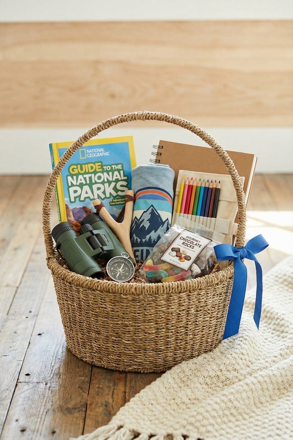 Woven gift basket containing national parks guide, binoculars, compass, and outdoor accessories.