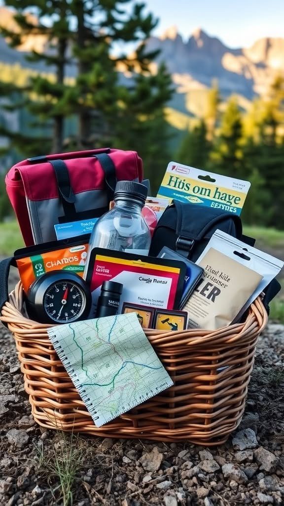 Wicker basket filled with camping gear and a map against mountain scenery.