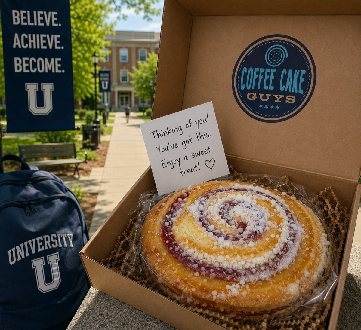 Spiral berry cake in a gift box with a note and university backpack.