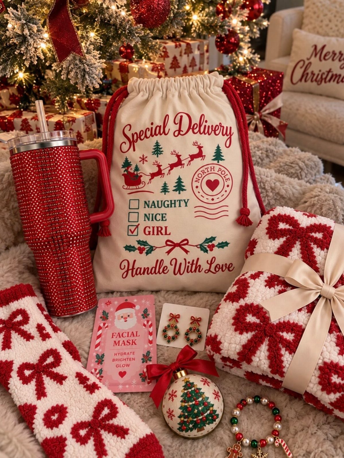 Santa-themed care package with red glitter tumbler, cozy socks, and festive gift bag.