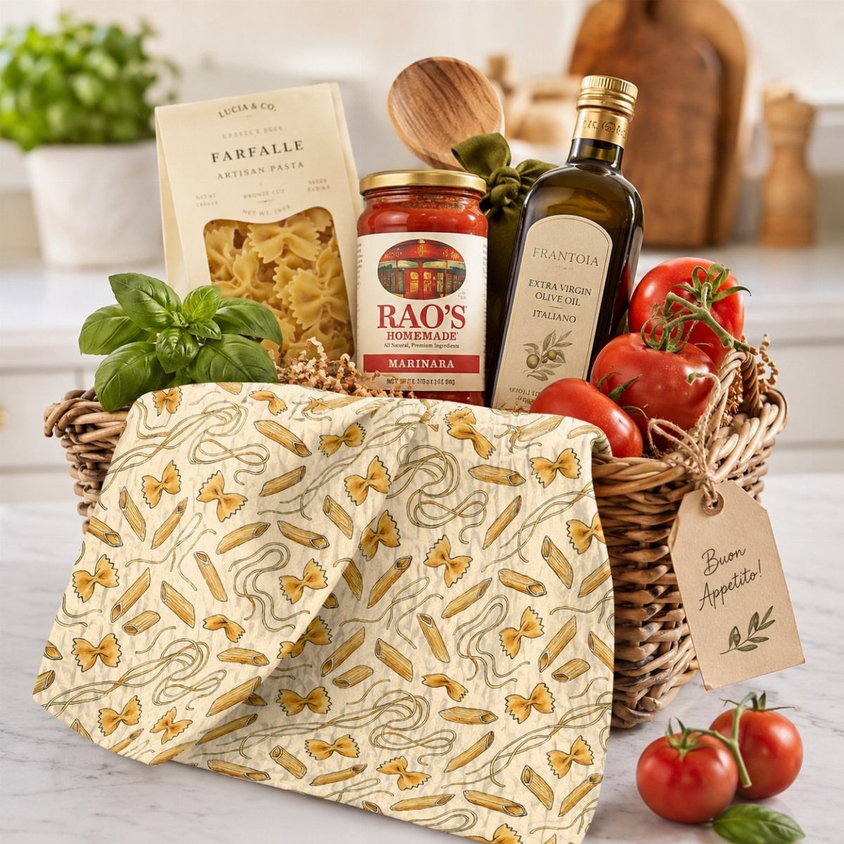 Wicker gift basket with pasta, marinara sauce, olive oil, and fresh tomatoes.