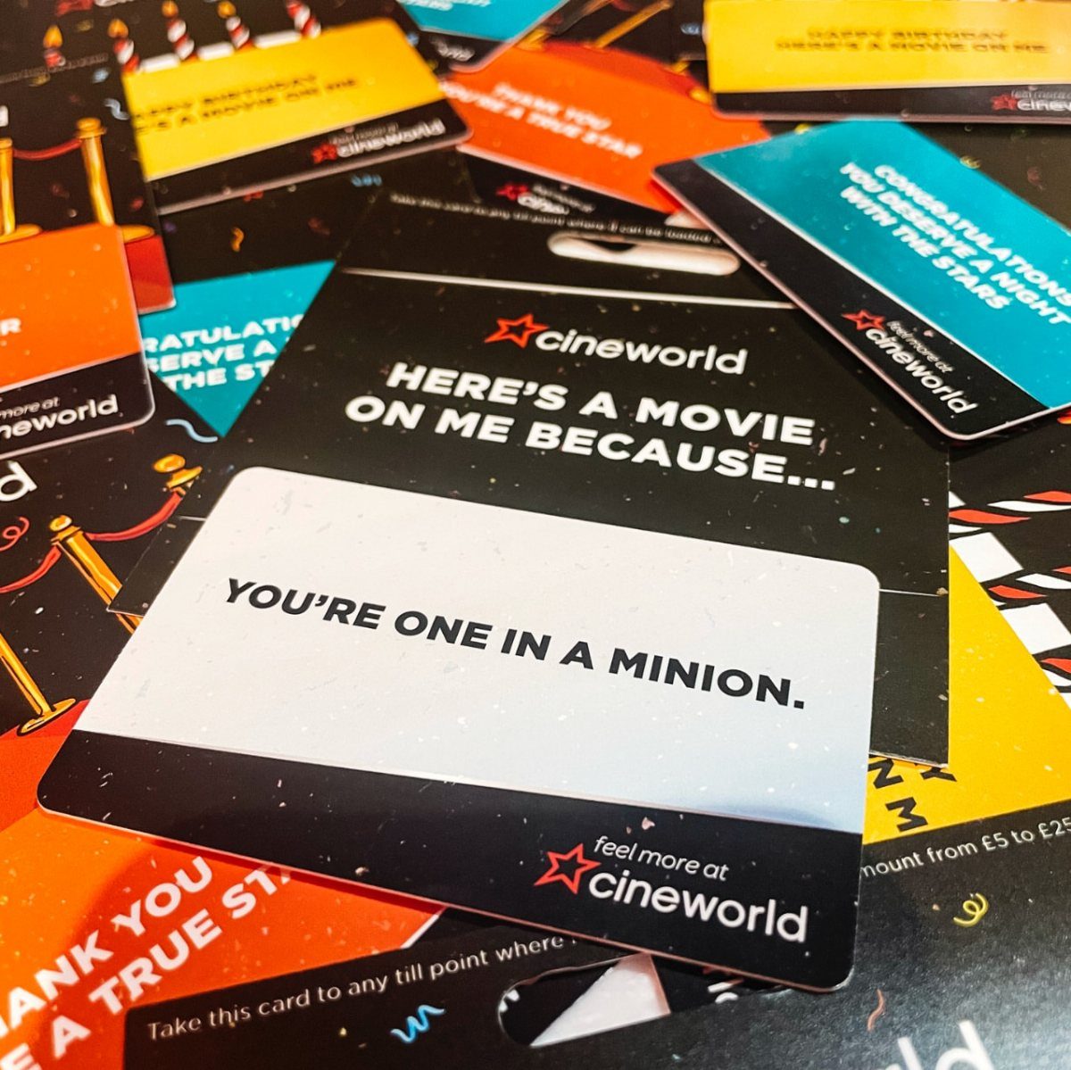 Cineworld movie gift cards piled together with a pun about minions on top.