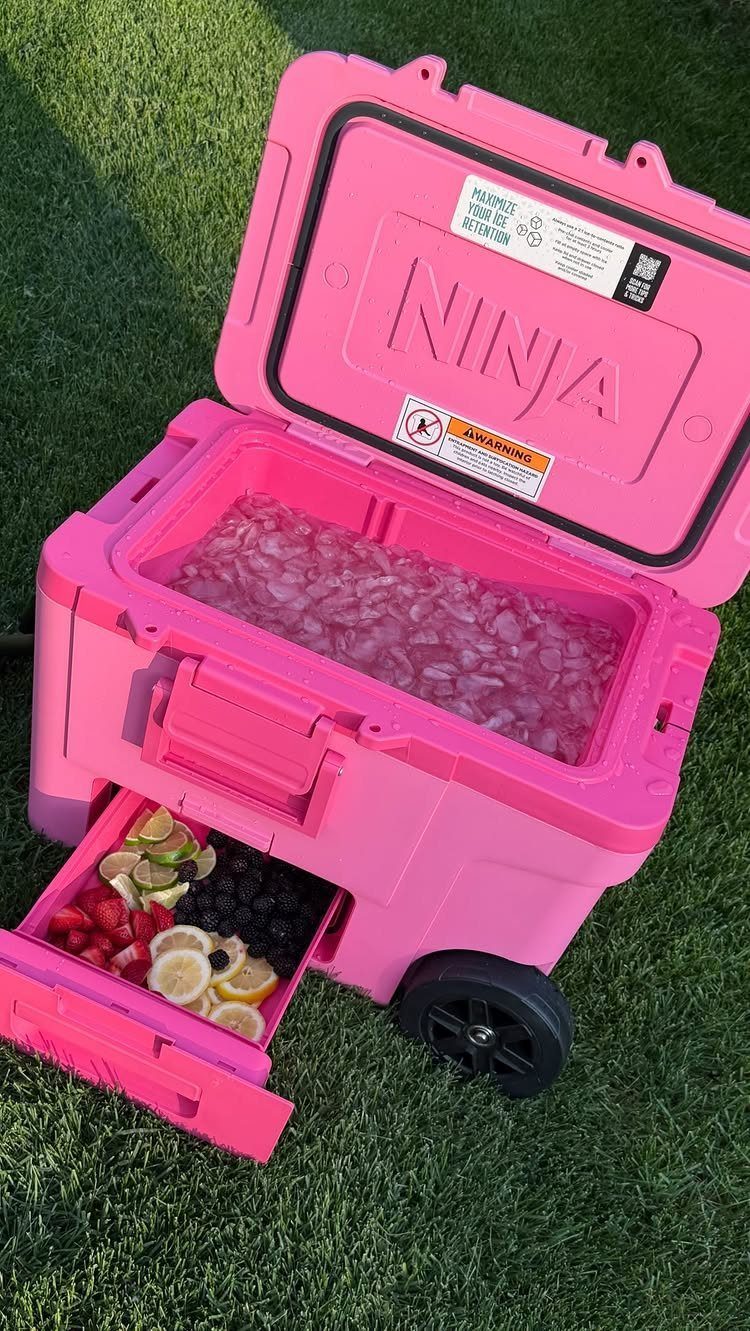 Pink rolling cooler filled with ice and a drawer of fresh sliced fruit.