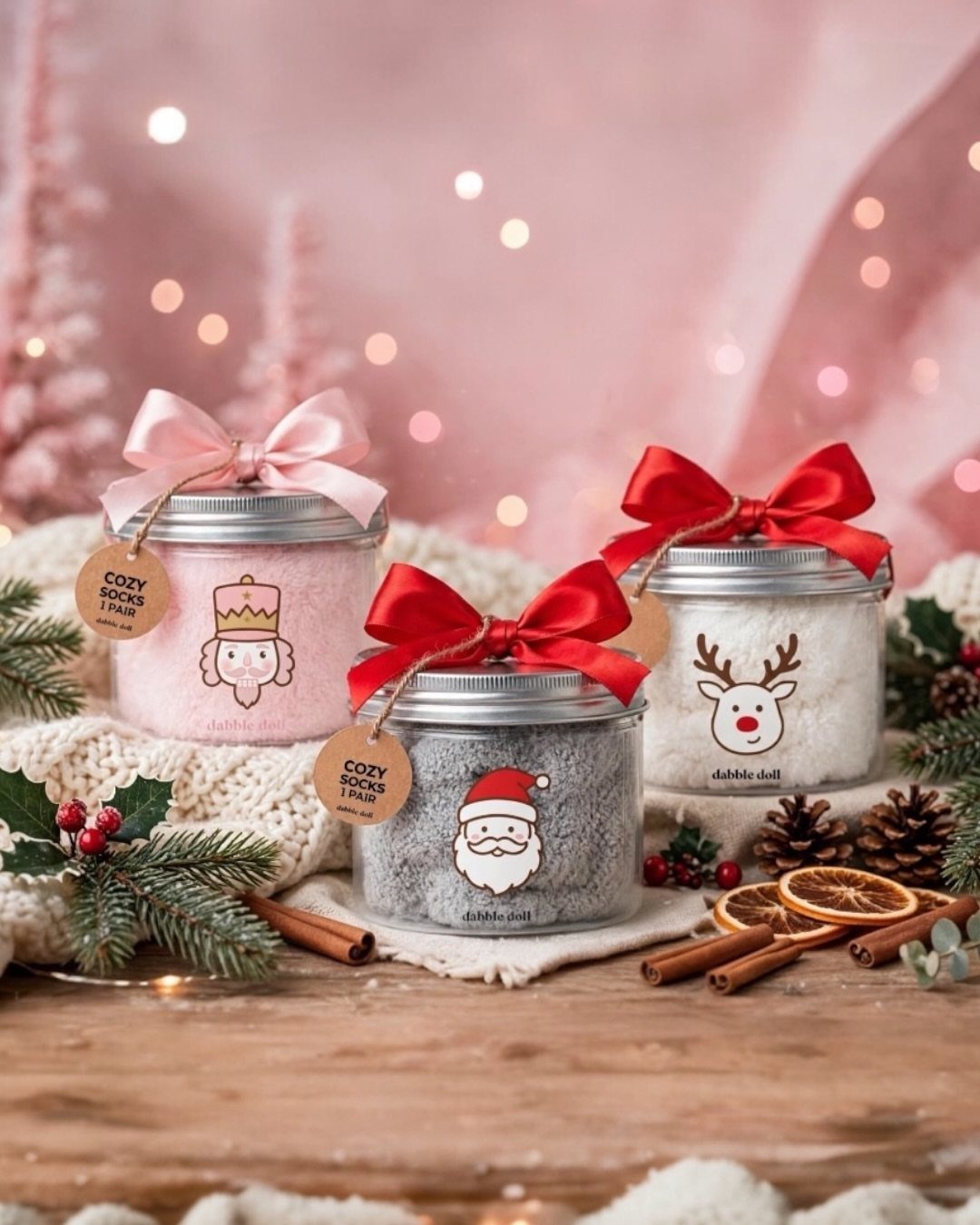 Three glass jars filled with fuzzy socks decorated with ribbons and holiday stickers.