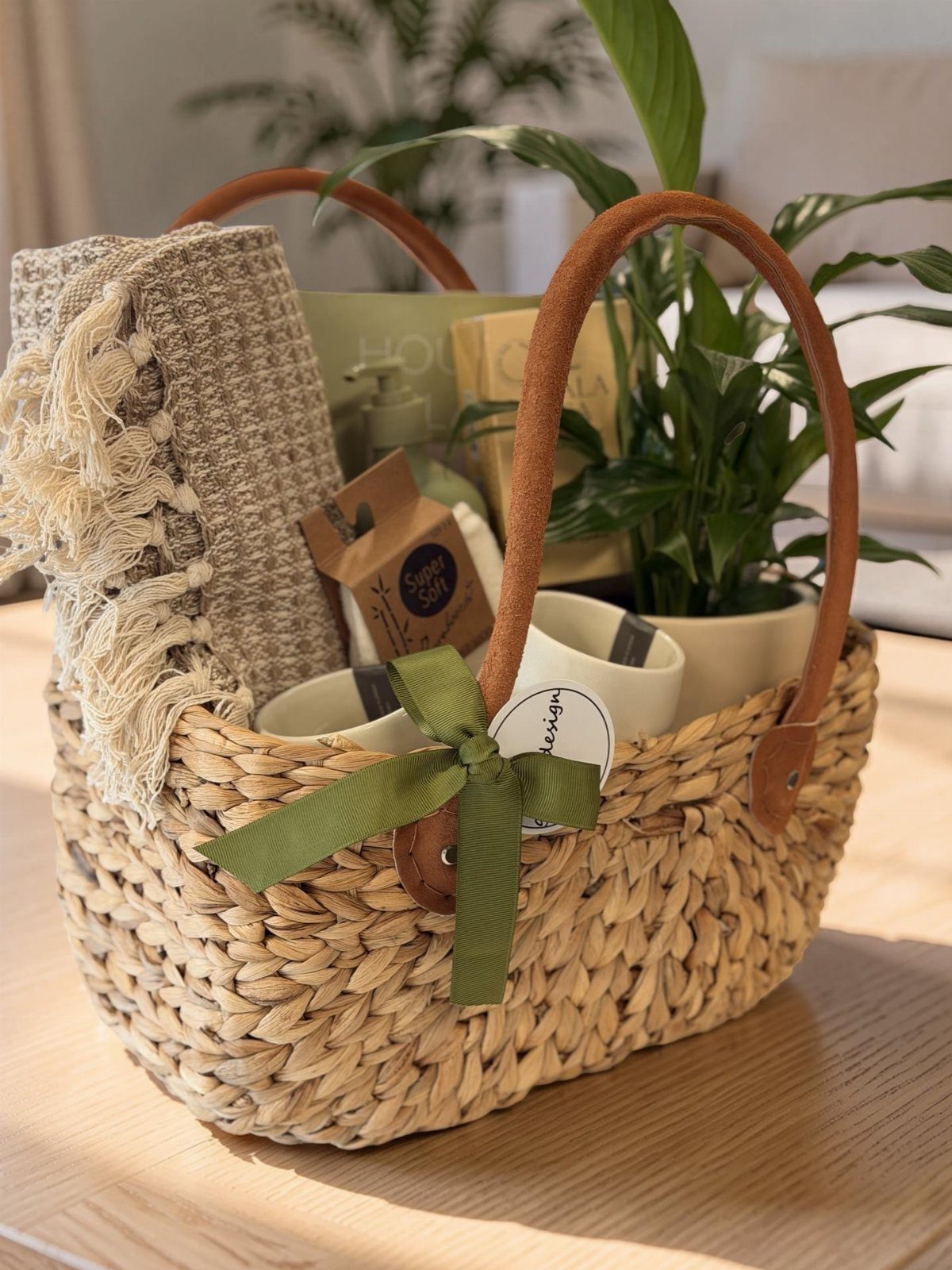 Woven gift basket containing a beige knit blanket, white mug, and green plant.