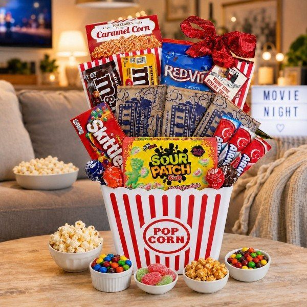 Popcorn bucket filled with assorted candies and snacks for a movie night gift.