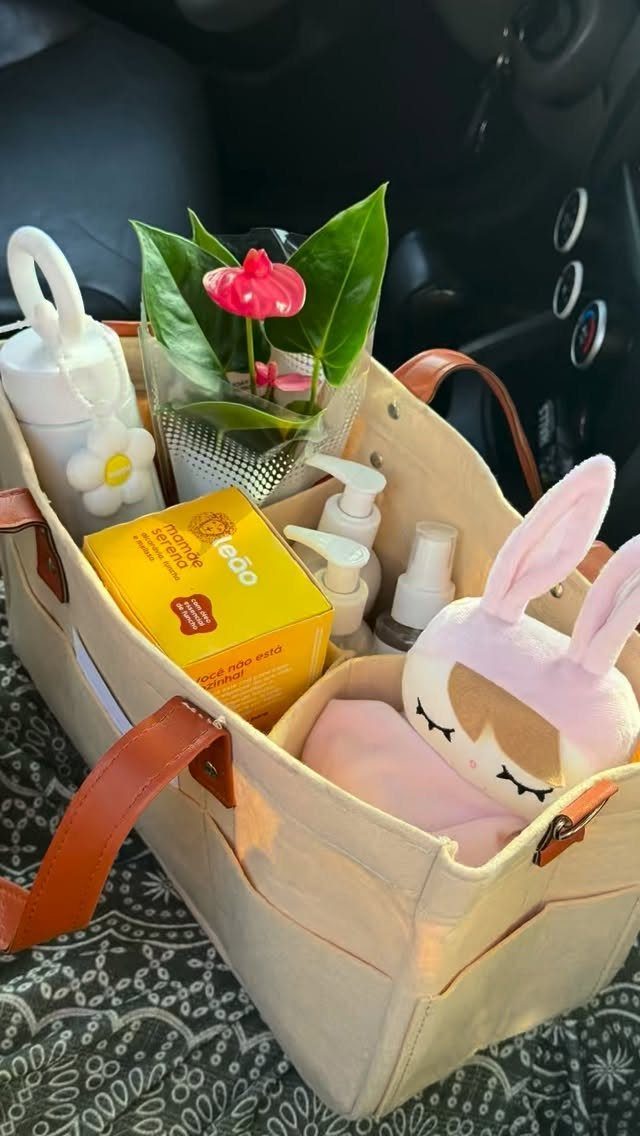 Beige canvas gift tote containing a plant, tea, skincare bottles, and plush bunny.