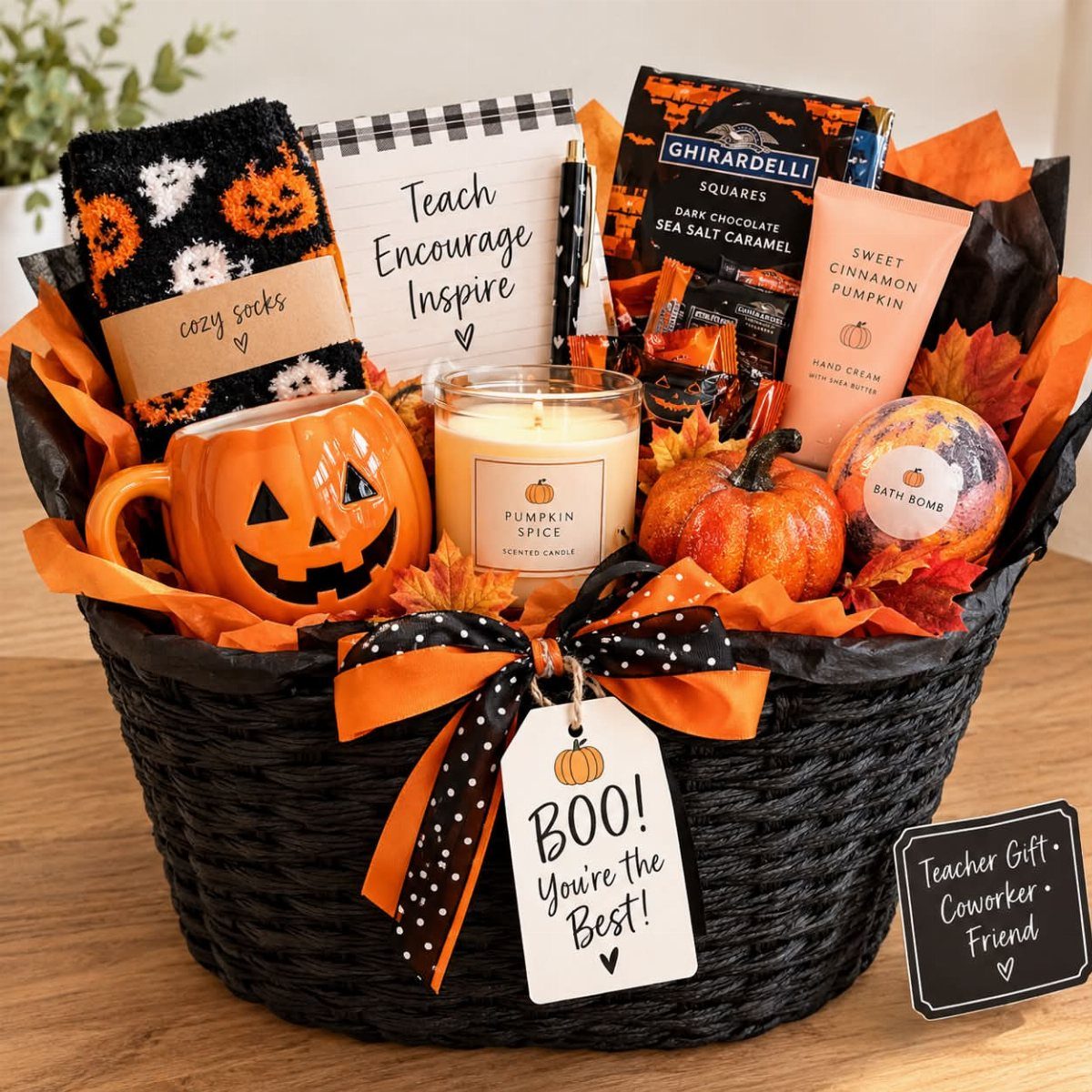Autumn gift basket with pumpkin mug, candle, and treats in a black woven basket.