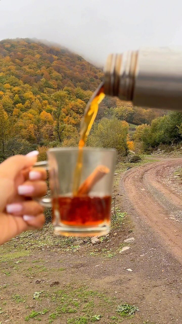 Cinnamon tea being poured from a thermos into a glass mug outdoors.