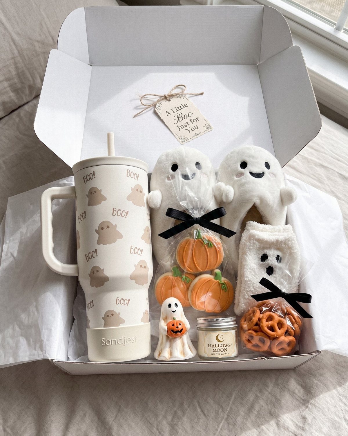 Ghost-themed gift box with a tumbler, plushies, and autumn treats on grey fabric.