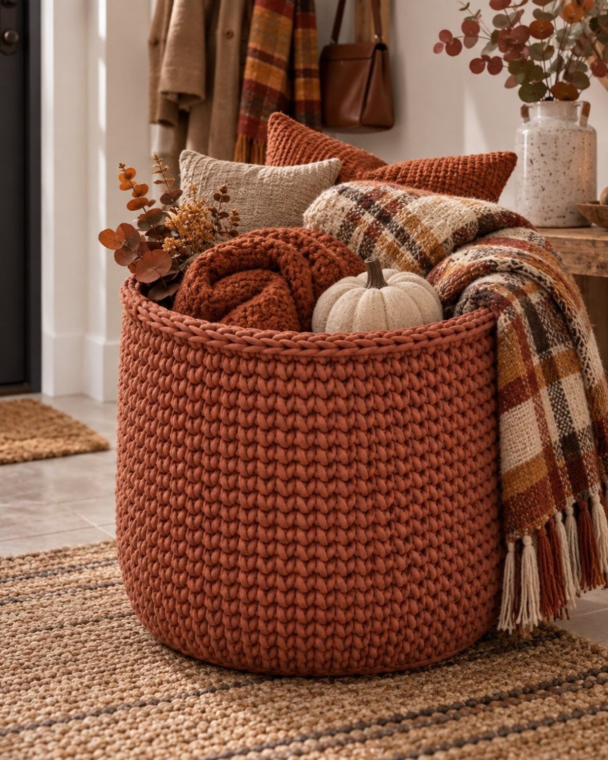Orange knit basket filled with a plaid blanket, pillows, and a white pumpkin.