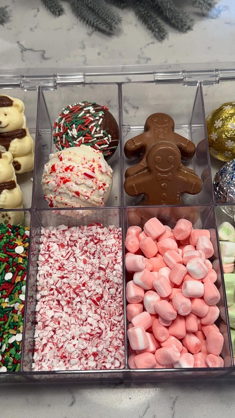 Hot cocoa toppings and chocolate treats arranged in a clear plastic compartment box.