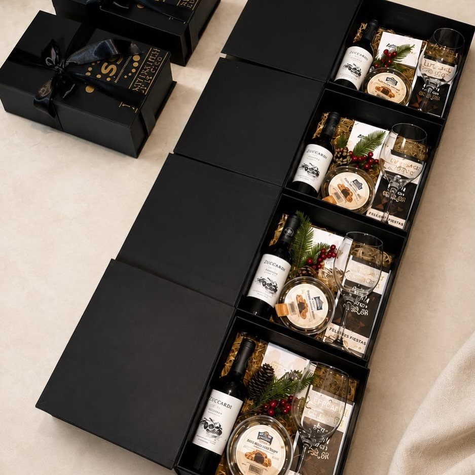 Wine gift boxes containing bottles, glasses, and gourmet treats on a beige cloth.
