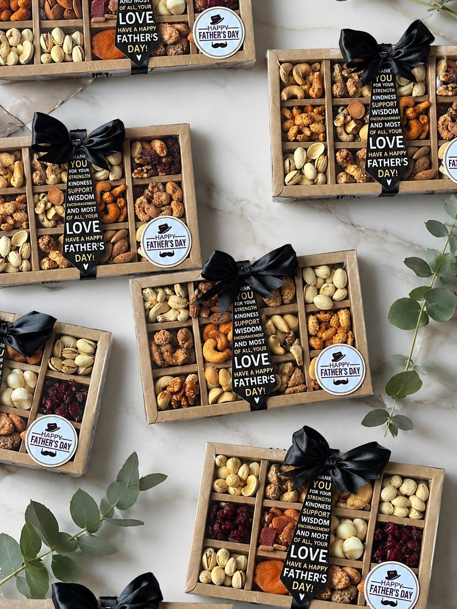 Wooden gift boxes filled with nuts and dried fruits for Father's Day.