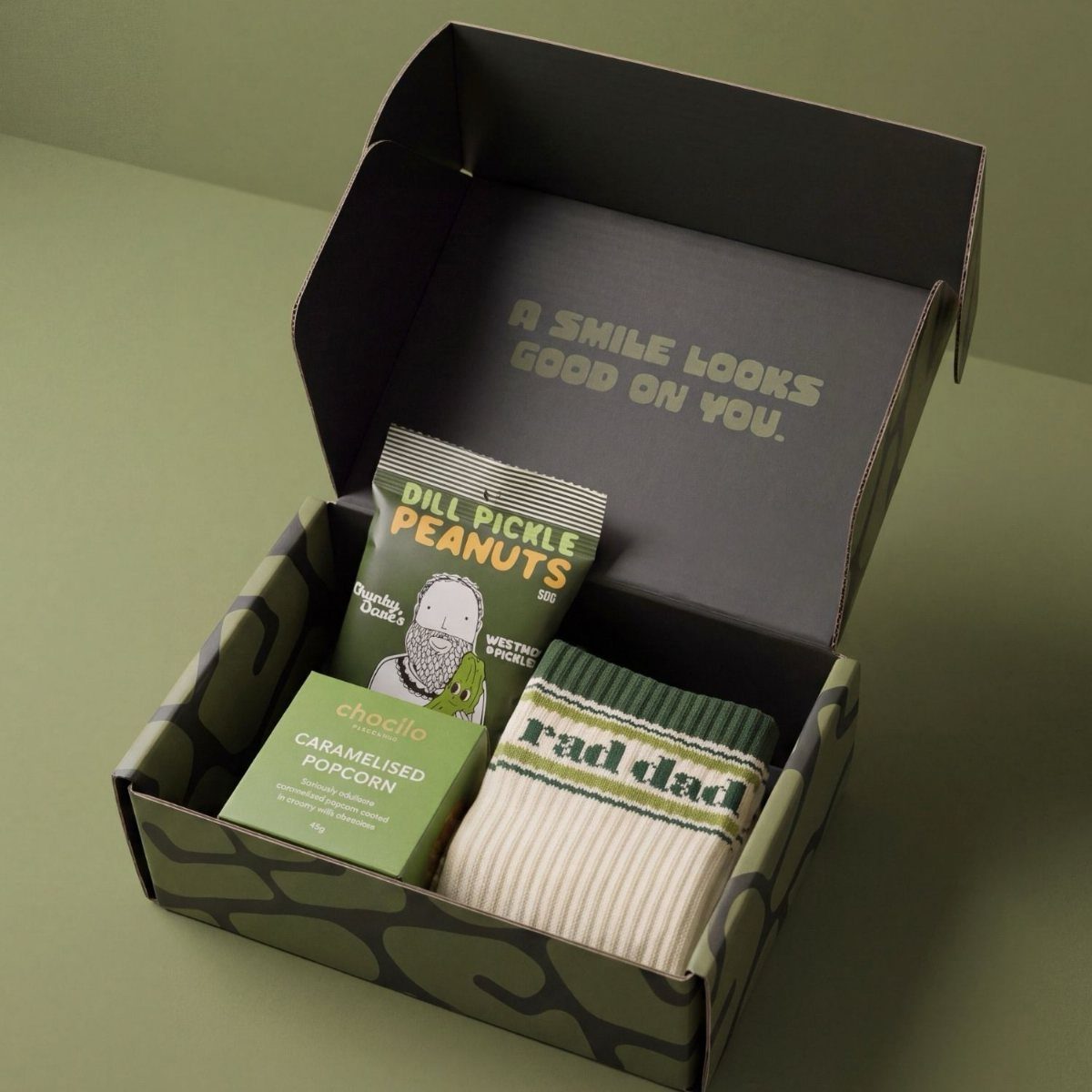 Gift box for Father's Day containing snacks and rad dad socks