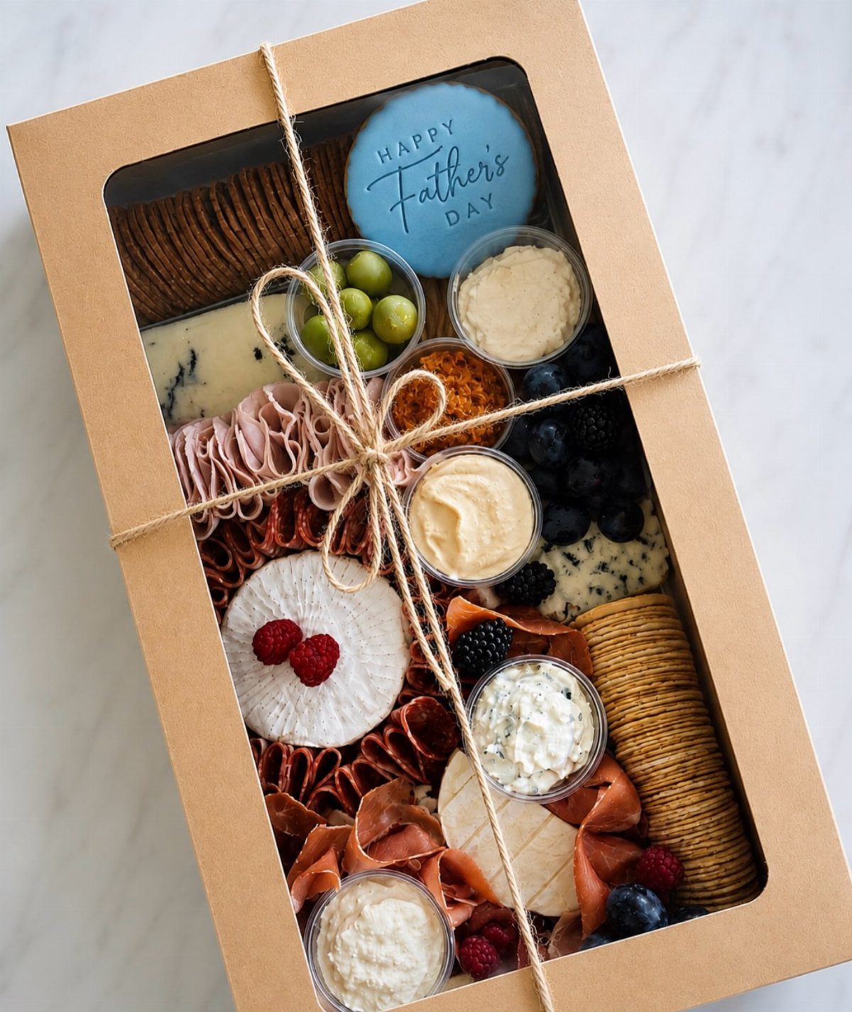 Gourmet meat and cheese gift box with crackers, berries, and Father's Day tag.