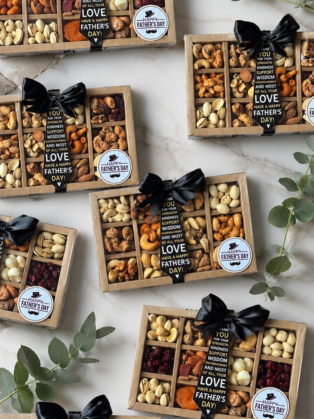 Wooden gift boxes filled with assorted gourmet nuts and dried fruits for Father's Day.