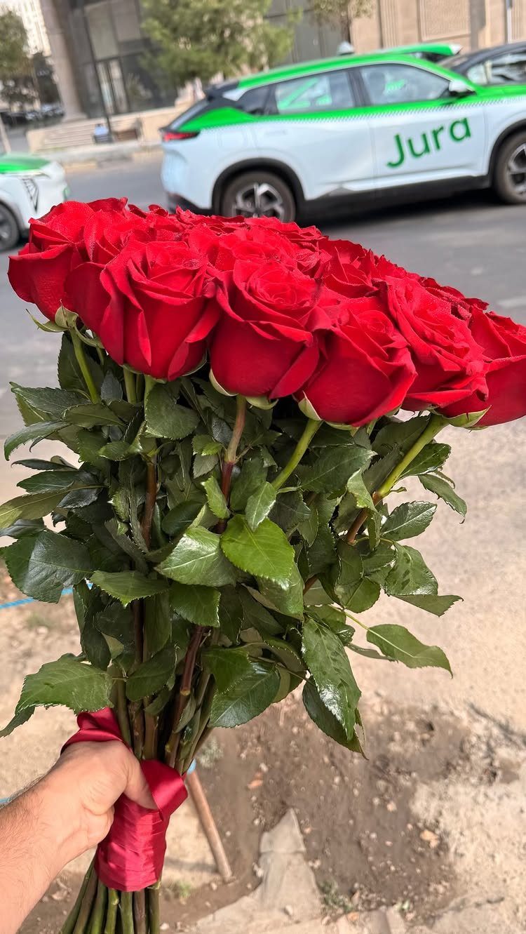 Large bouquet of red roses tied with a red ribbon held by a hand.