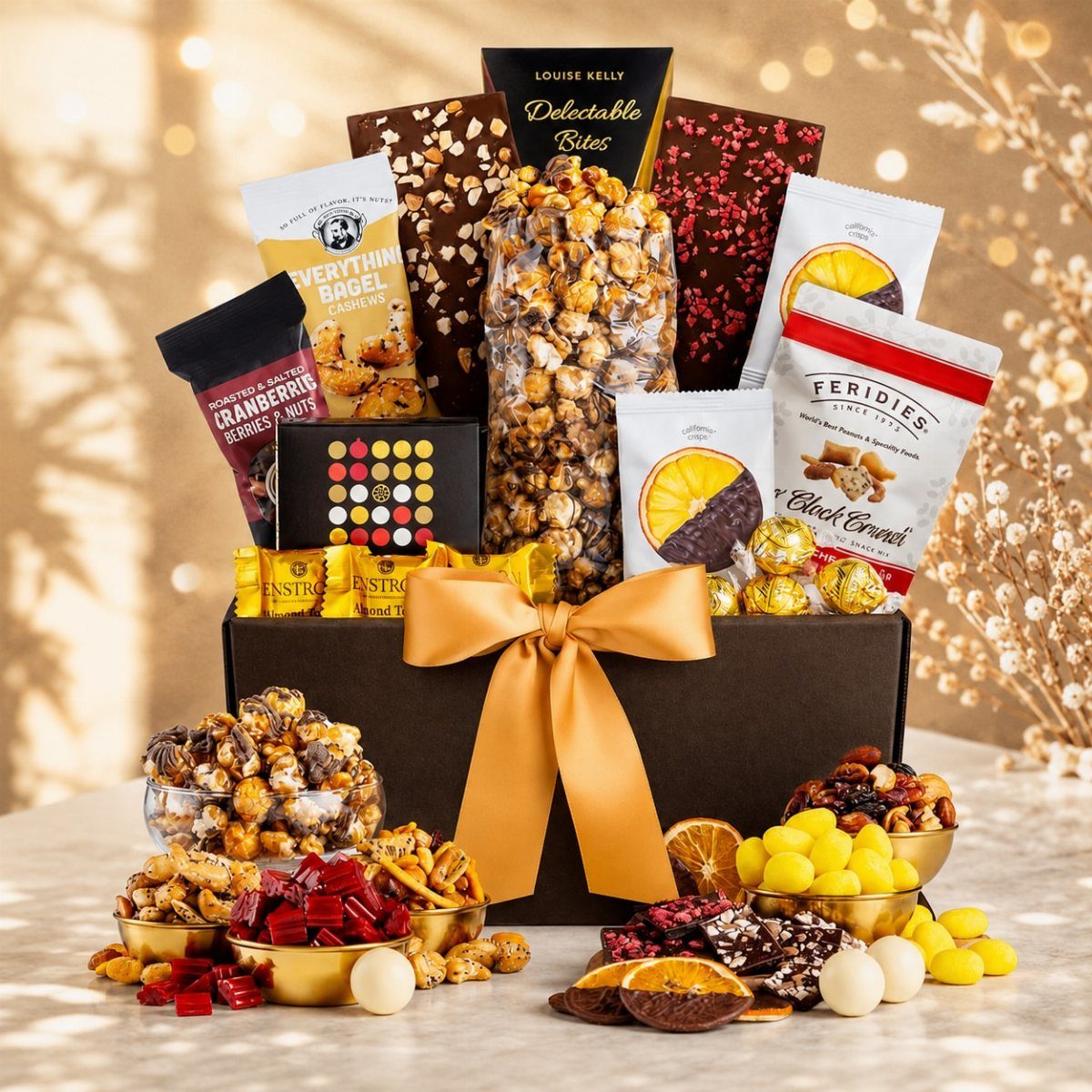 Gourmet snack gift box with gold ribbon and assorted treats on white surface