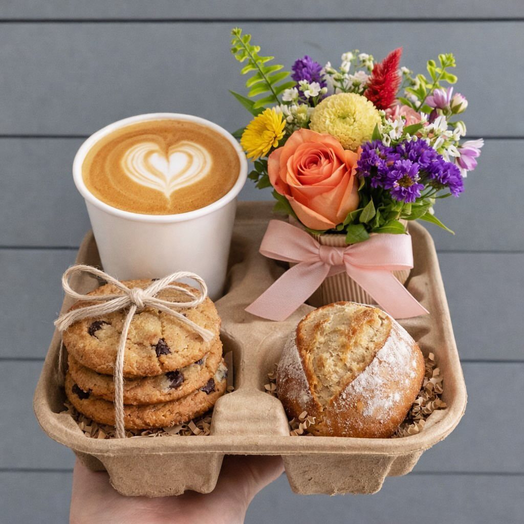 Heart latte, colorful flowers with pink ribbon, cookies, and muffin in cardboard tray.