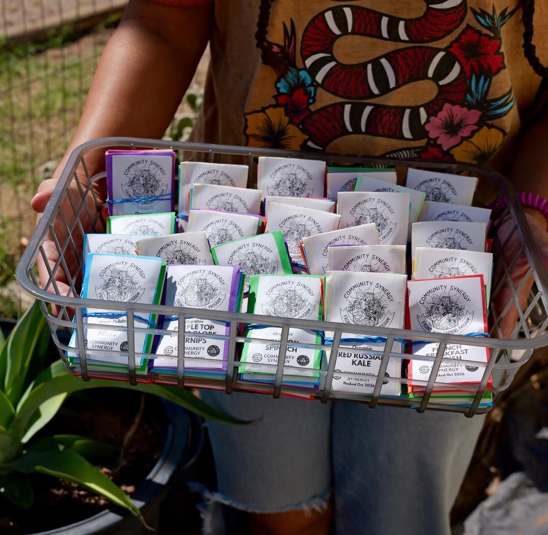 Metal wire basket filled with colorful seed packets held by a person.