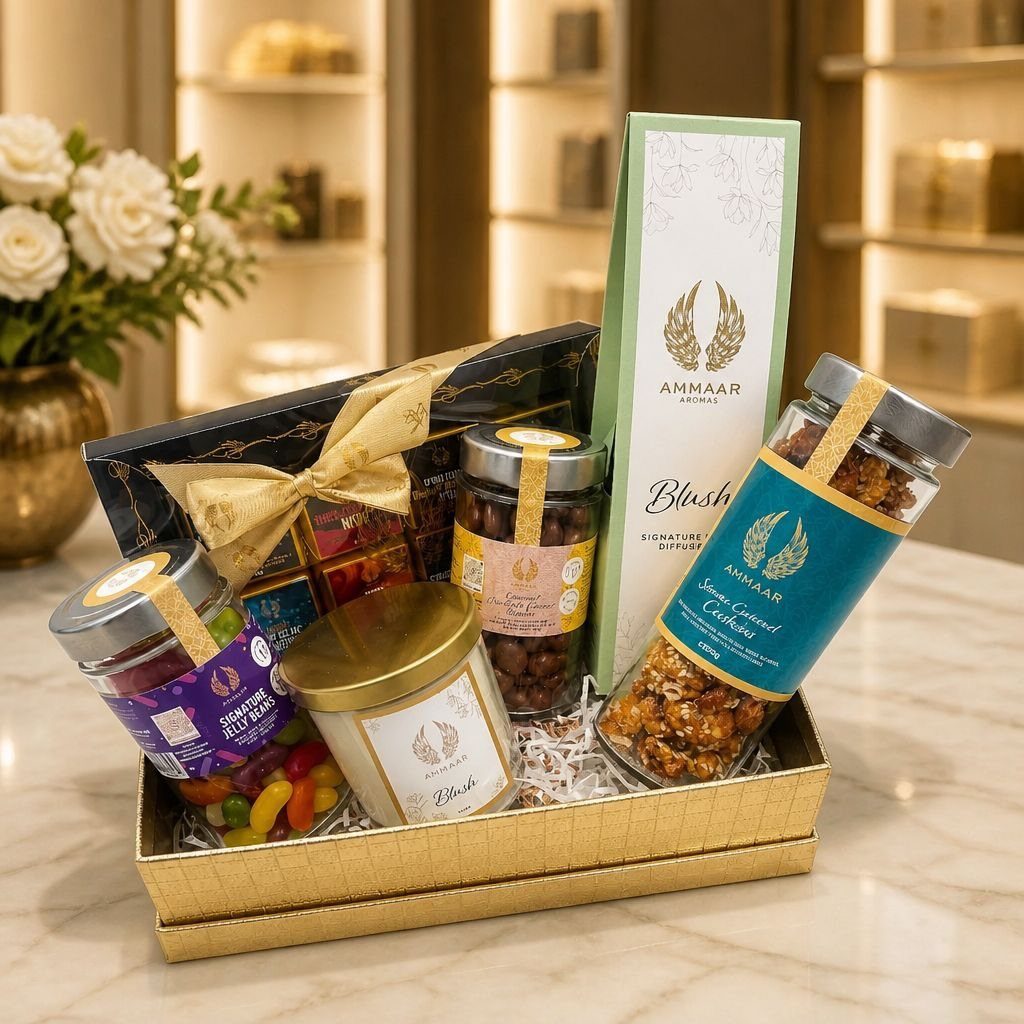 Gourmet food gift basket with jars of sweets and nuts in gold box