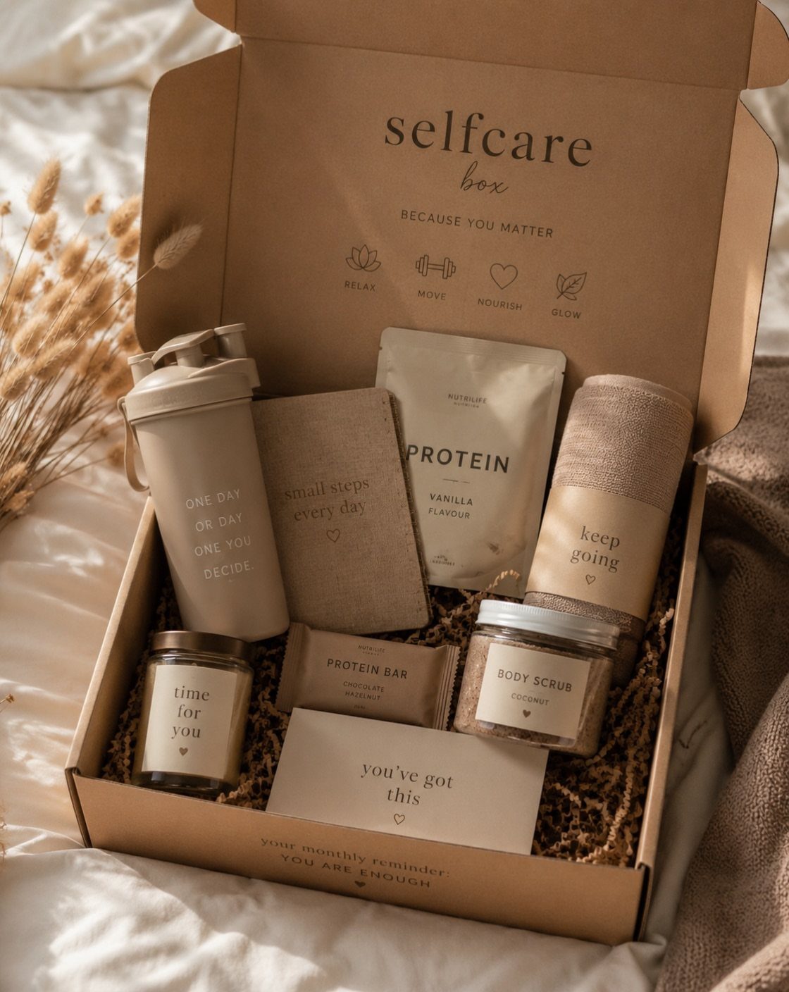 Selfcare box with protein powder, shaker bottle, body scrub, and a rolled towel.