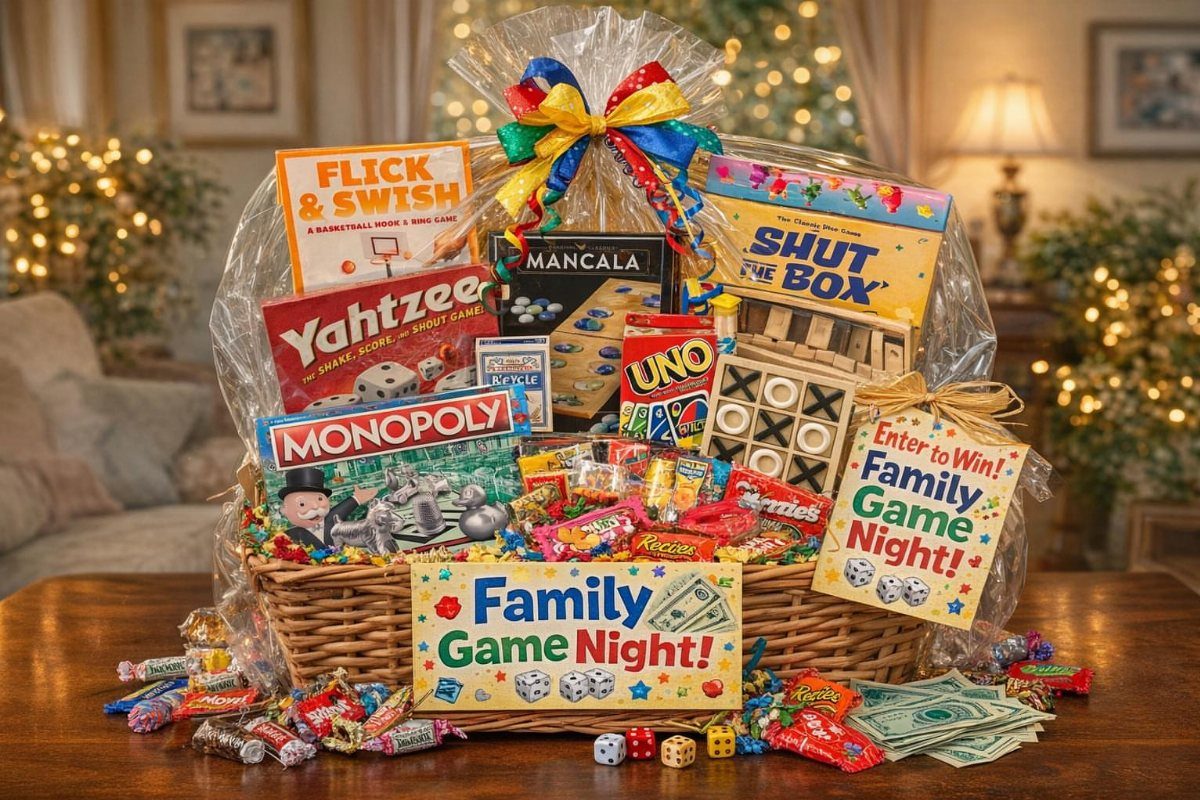 Wicker gift basket filled with board games and candy for a family game night.