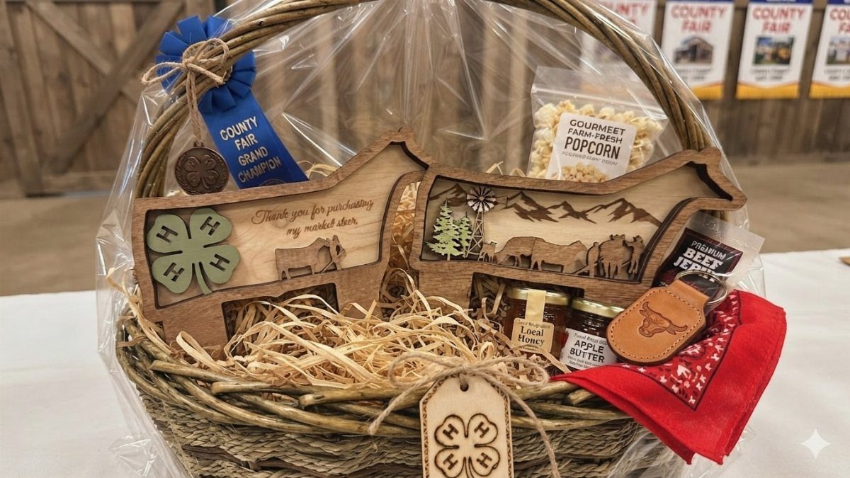 Wicker gift basket with wooden state cutout, local jams, popcorn, and blue ribbon.