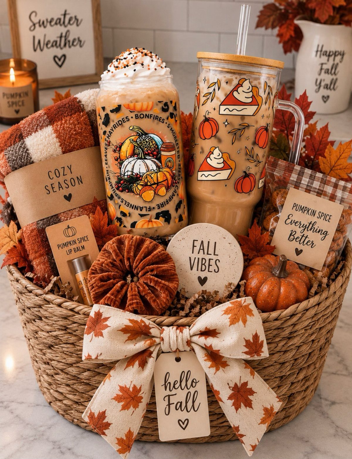 Autumn gift basket with pumpkin spice drinks, a small pumpkin, and fall-themed accessories.