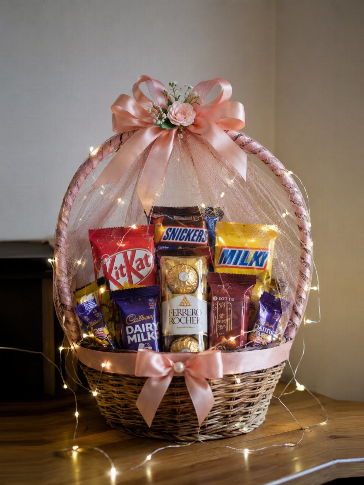 Wicker gift basket filled with assorted chocolates, wrapped in pink tulle with fairy lights.