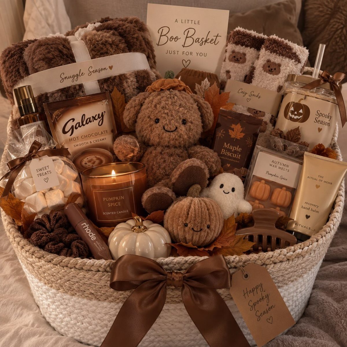 Autumn-themed gift basket with a brown blanket, plush toy, and pumpkin spice candle.