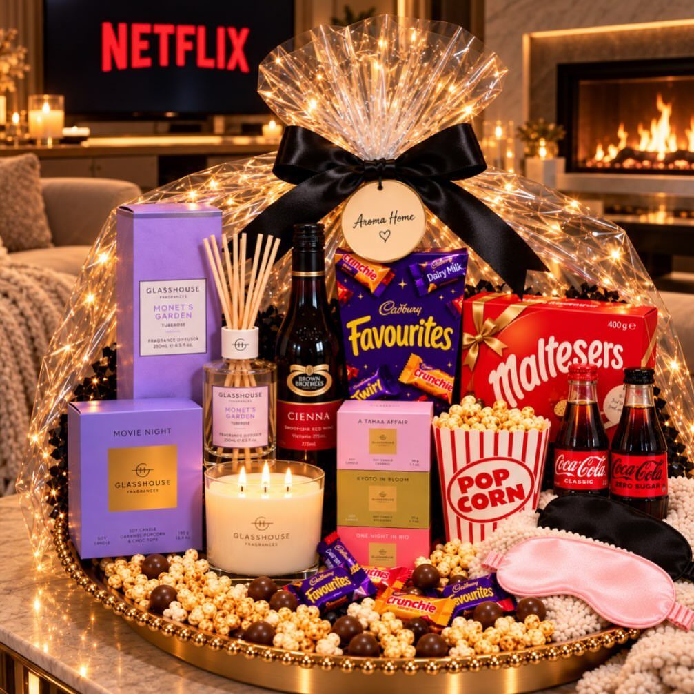 Gift basket with popcorn, chocolates, and drinks for a movie night experience.
