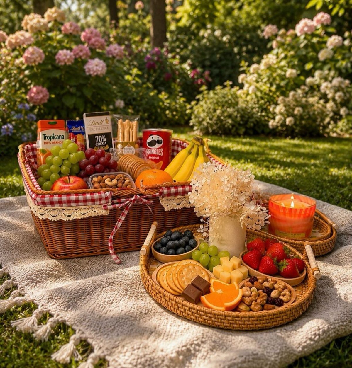 Wicker picnic basket and food tray with fresh fruit and snacks on a garden blanket