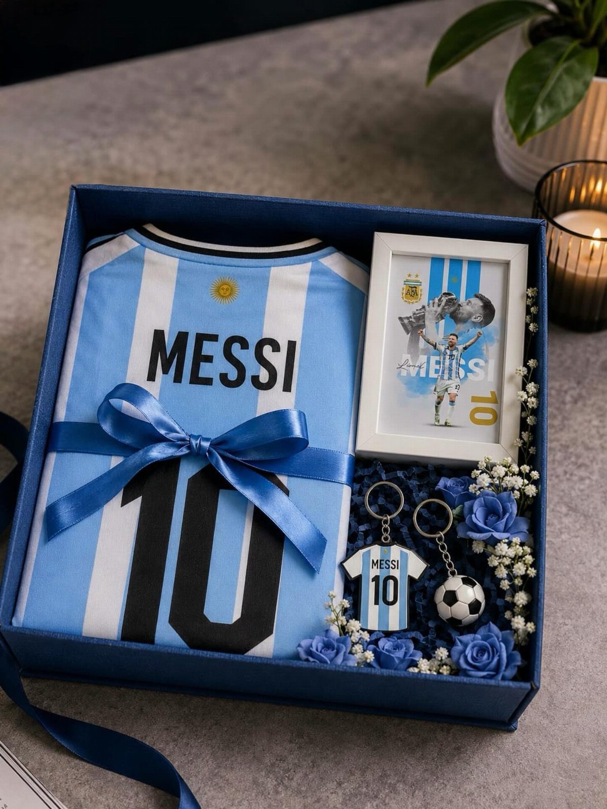 Messi soccer jersey and themed accessories arranged in a blue gift box
