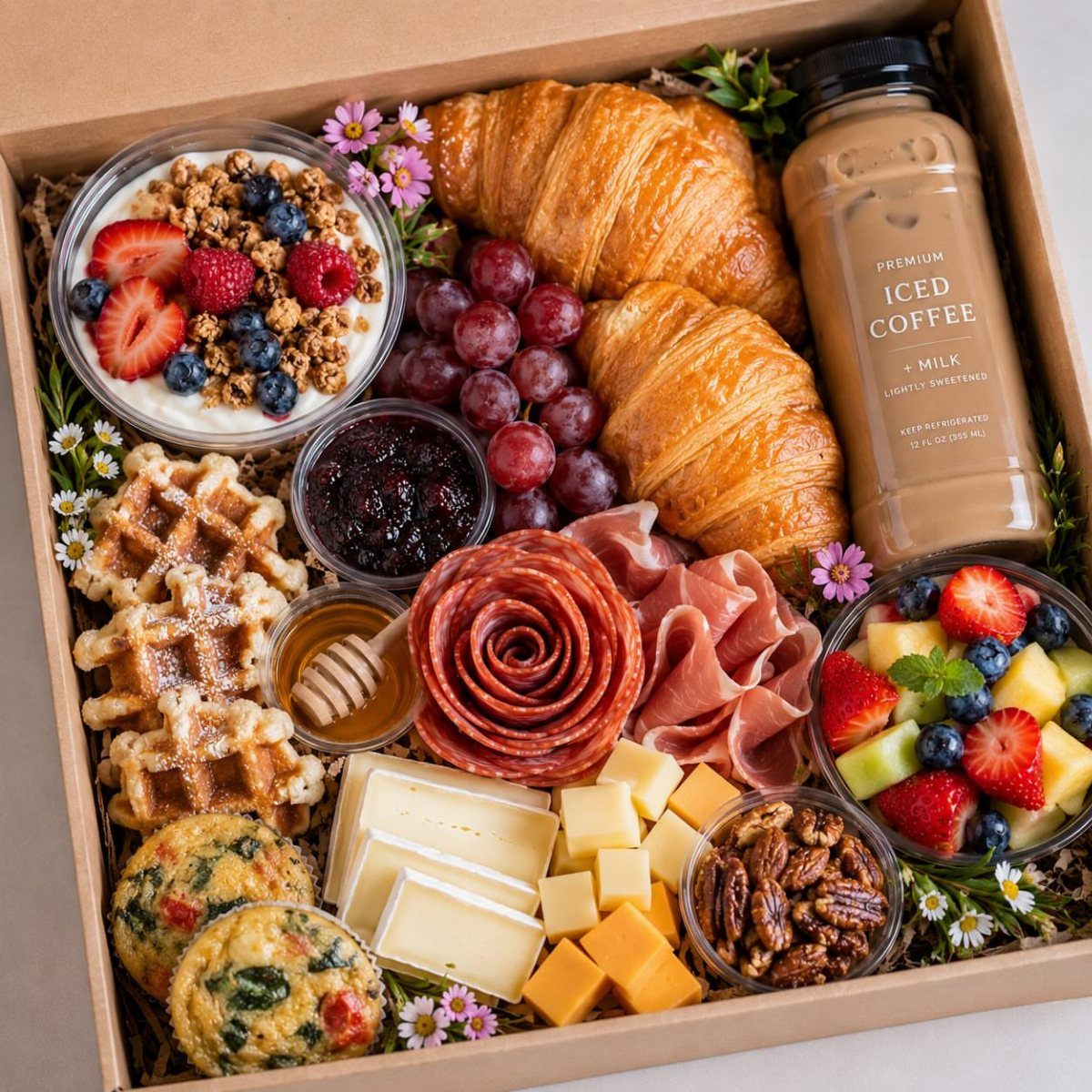 Brunch gift box with croissants, waffles, yogurt, iced coffee, cheese, and fresh fruit.