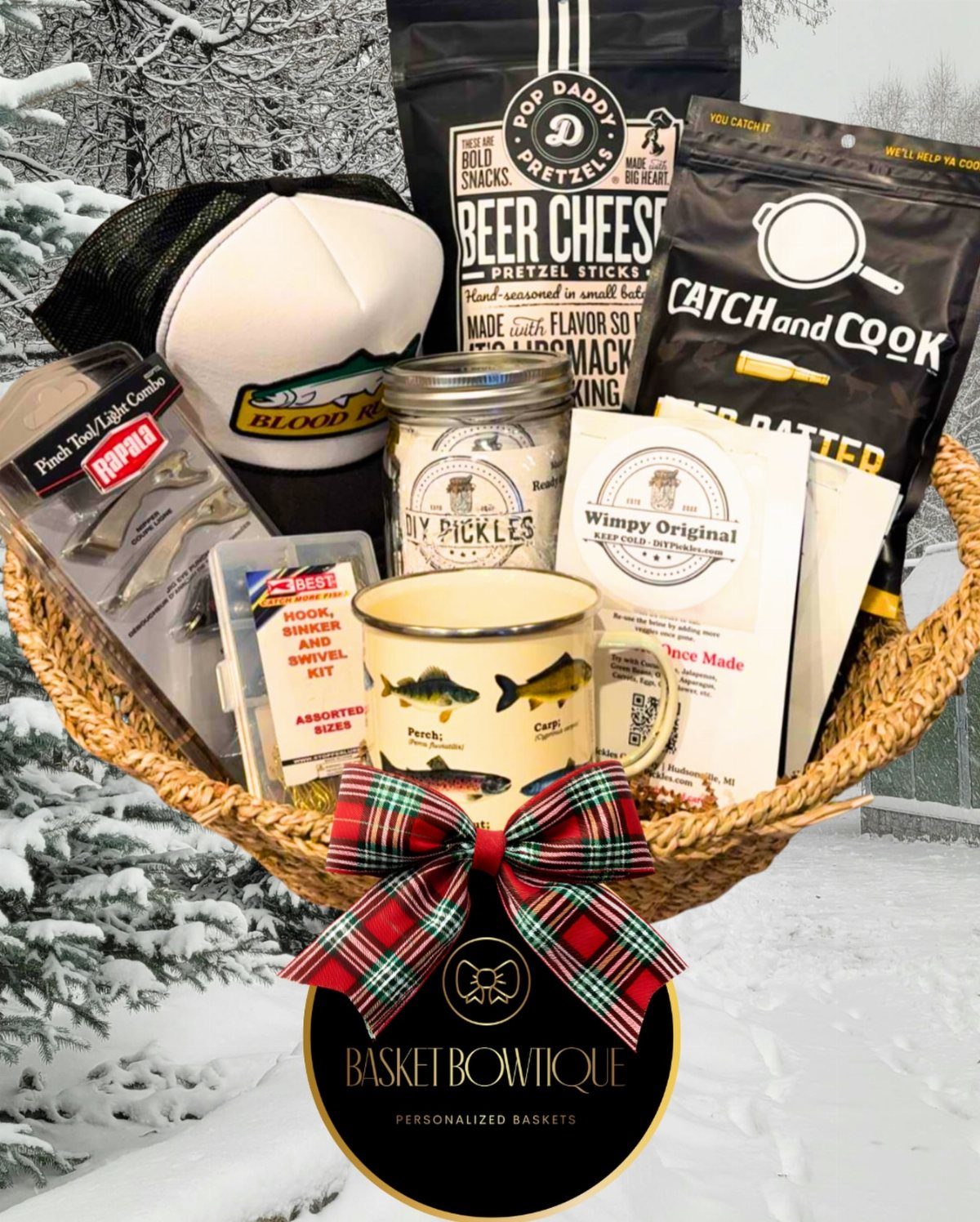 Fishing gift basket with a fish hat, fishing tools, and themed snacks.