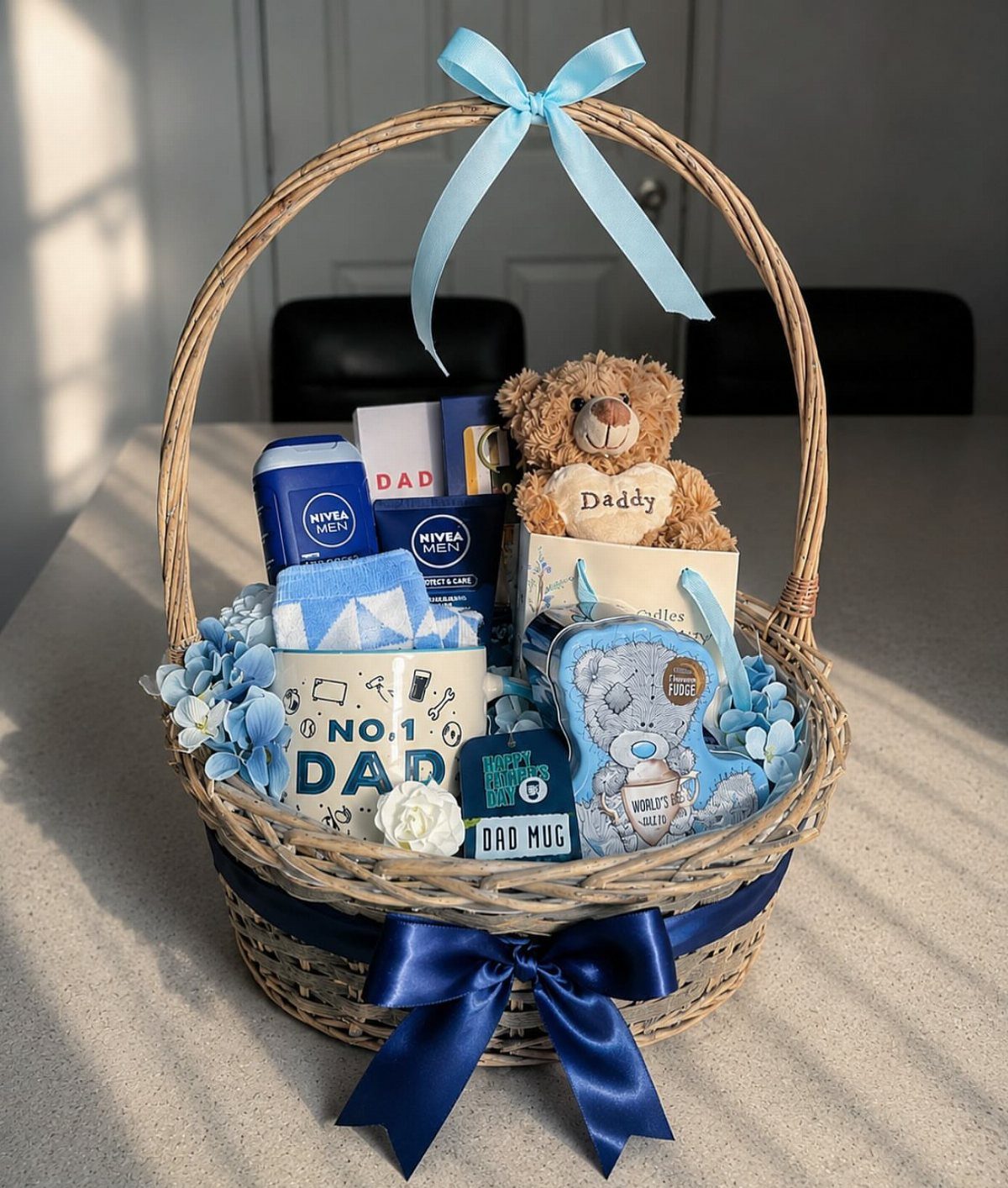 Wicker gift basket for a new father with a Dad mug and teddy bear.