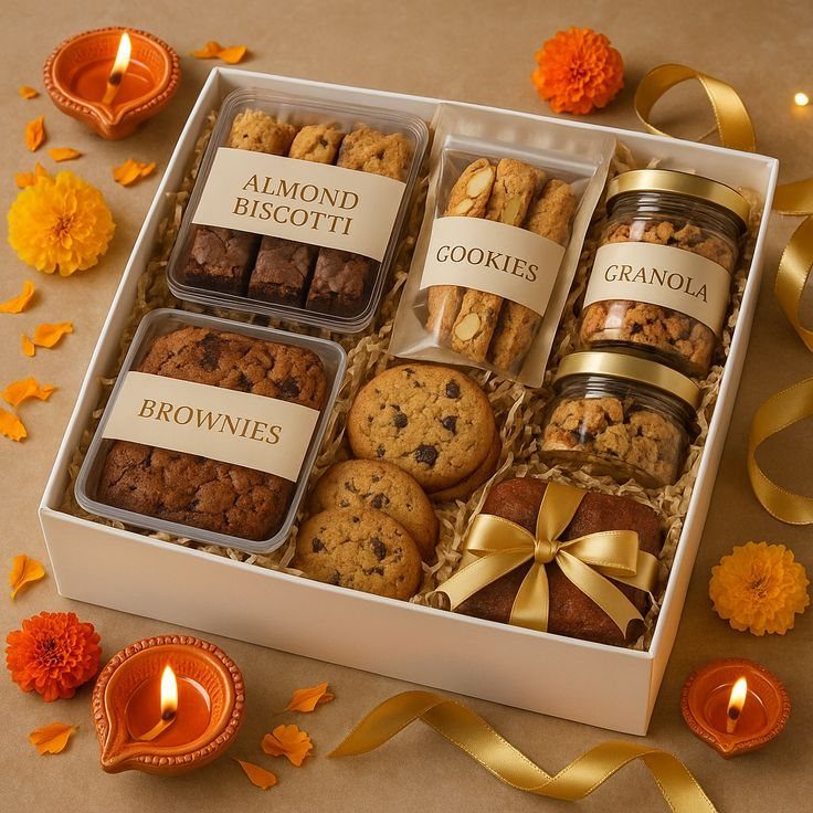 Gift box with assorted baked goods, cookies, and granola surrounded by lit diyas.