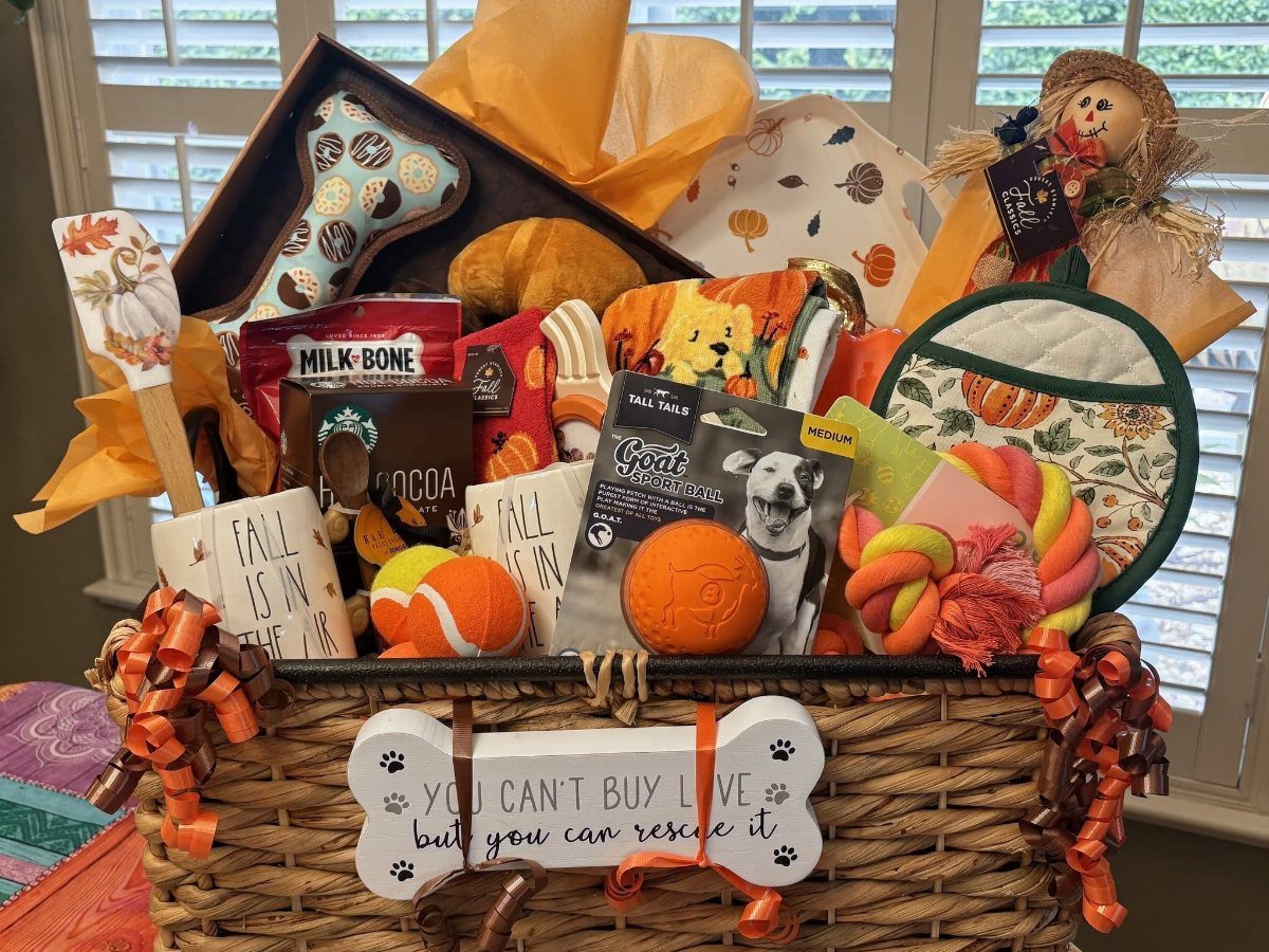 Wicker raffle basket filled with dog treats, toys, and autumn-themed pet accessories.
