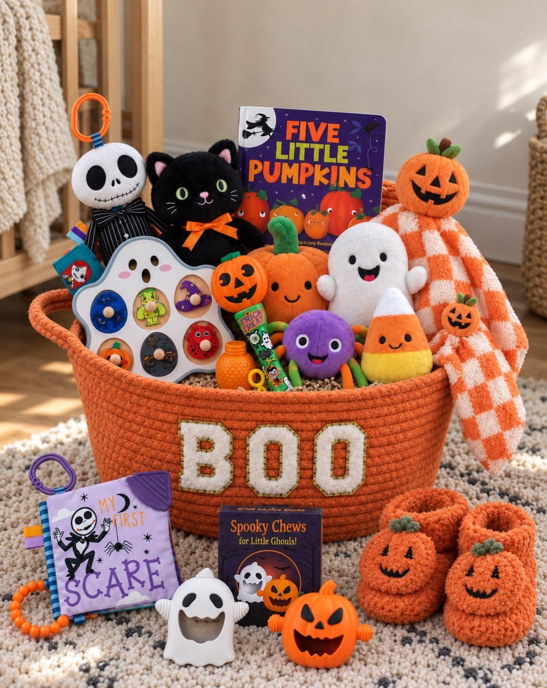 Orange crocheted BOO basket filled with baby Halloween plushies, books, and toys.