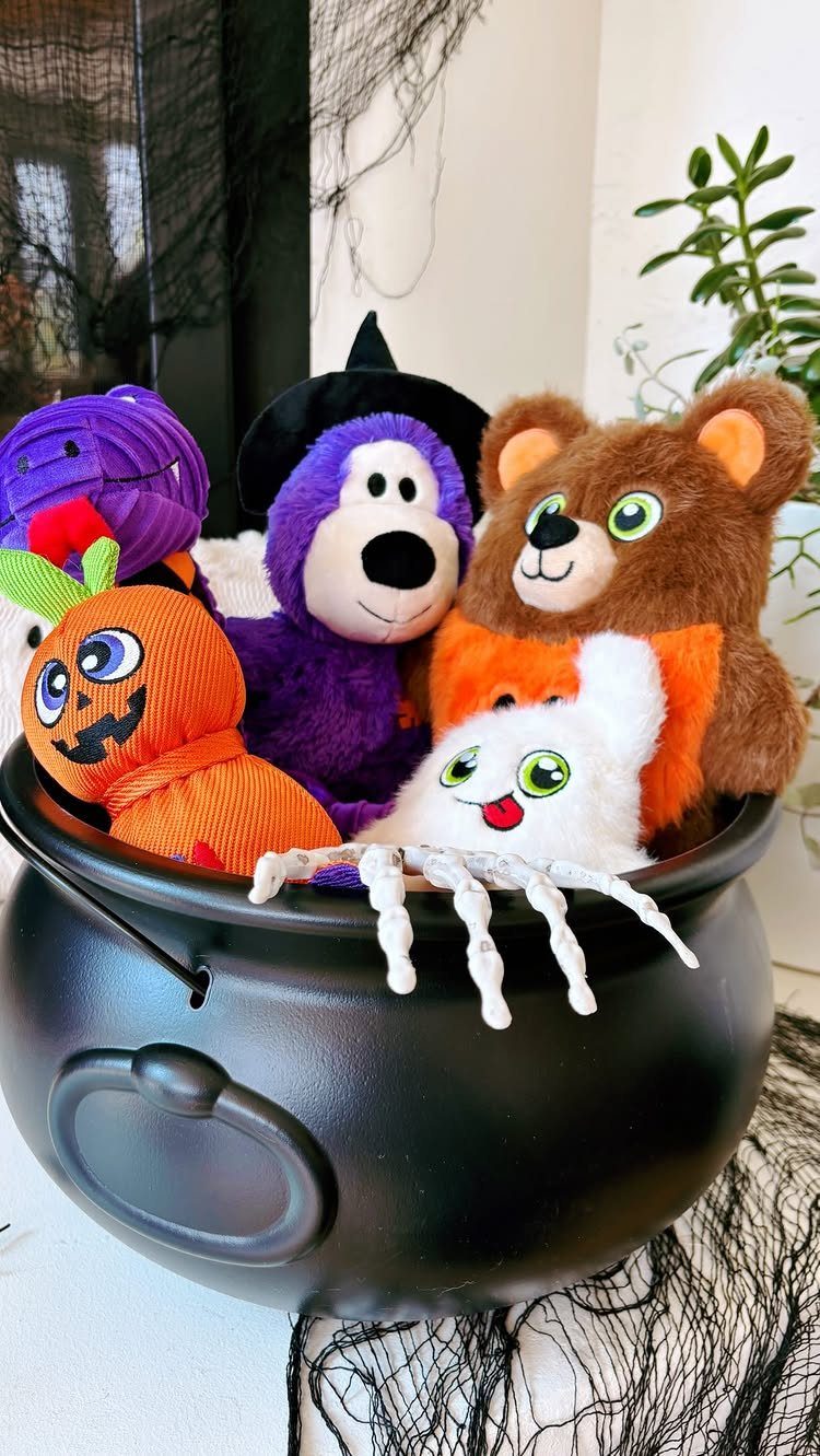 Black cauldron filled with plush pumpkin, monster, bear, and spider Halloween toys.