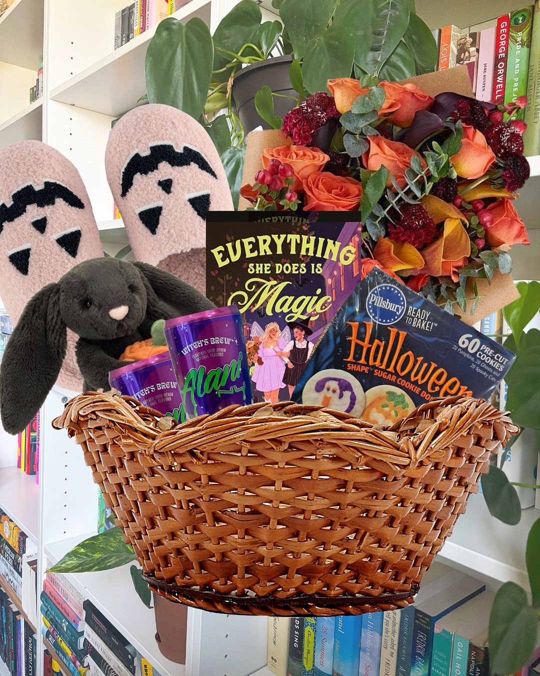 Wicker basket filled with Halloween cookies, a magic book, slippers, and autumn flowers.