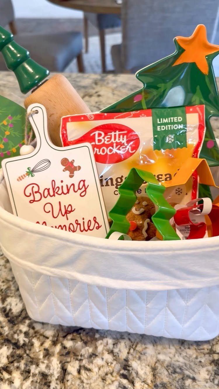 Baking gift basket with rolling pin, gingerbread mix, and Baking Up Memories sign.