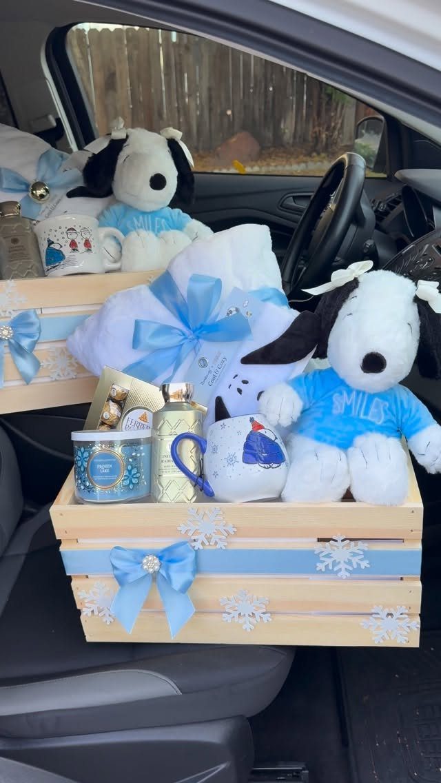 Winter themed gift baskets with Snoopy plushies and blue decorations inside a car